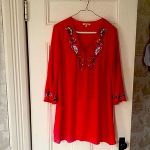 Boho flowy red top. embroidery on bodice/ sleeves. Tie lace up. Red undershirt.